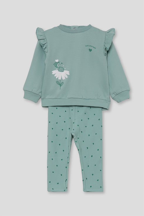 Street Monkey | Girls Ruffle-Shoulder Sweatshirt and Heart-Print Leggings Set 363050 - Green