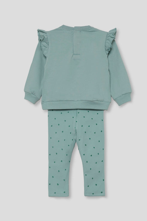 Street Monkey | Girls Ruffle-Shoulder Sweatshirt and Heart-Print Leggings Set 363050 - Green