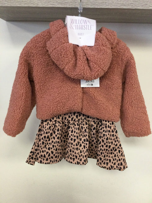 Willow & Whistle - 3 Piece Dress Set Fleece Coat & Beret, Leopard Dress - G10938INF