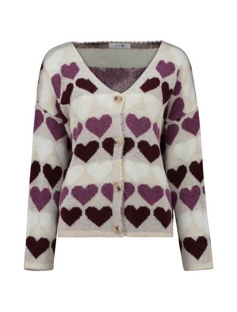Hailys Sa44nna Cardigan – Beige / Purple Hearts UNF-5174