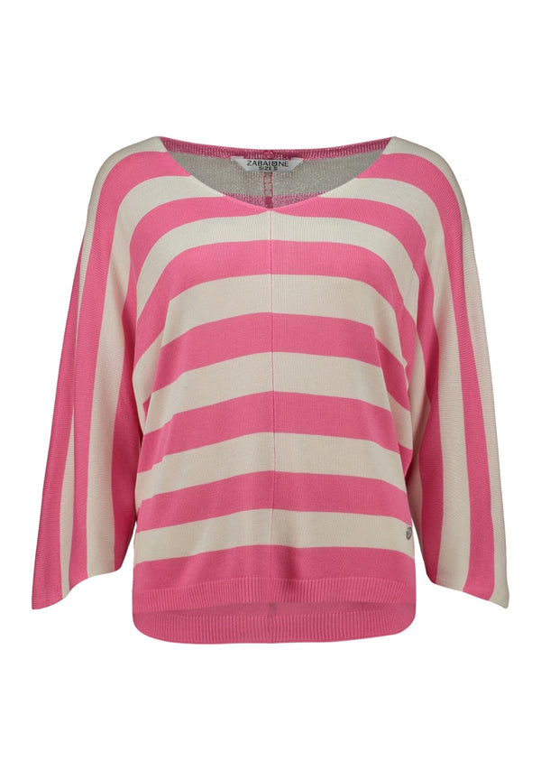Zabaione Da44kota Open V-Neck LS Sweater - Shiny Pink Stripe YKK-251-0414