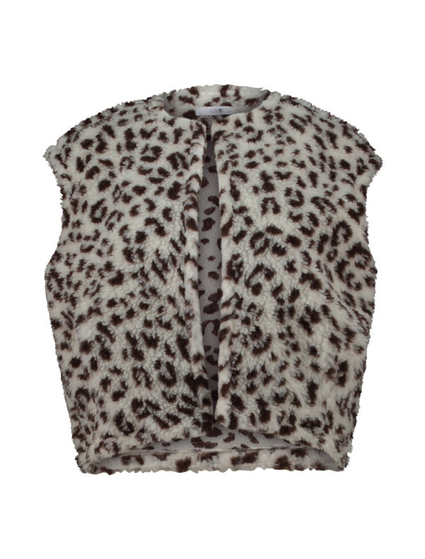 Hailys Women's Leopard Print Fleece Waistcoat – Off White / Dark Chocolate HCM-81921