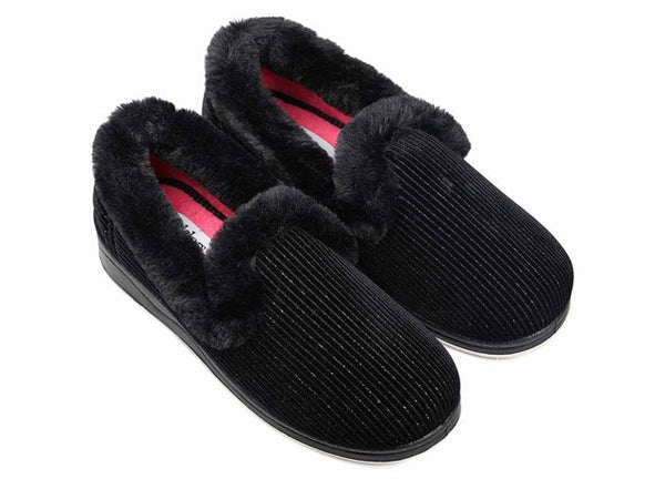 Padders Repose 406/1097 Black Sparkle Cord Slippers - Wide Fit Memory Foam Comfort