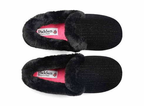 Padders Repose 406/1097 Black Sparkle Cord Slippers - Wide Fit Memory Foam Comfort
