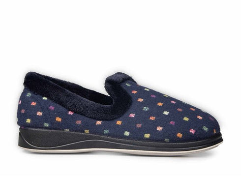 Padders Repose 406/4076 Navy Woven Spot Slippers - Wide Fit Memory Foam Comfort