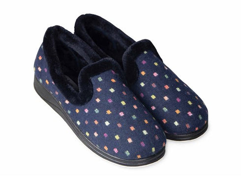 Padders Repose 406/4076 Navy Woven Spot Slippers - Wide Fit Memory Foam Comfort