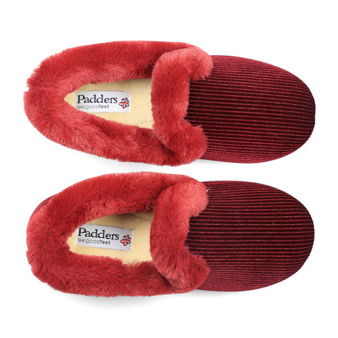 Padders Repose 406/5197 Winter Red Sparkle Slippers - Wide Fit Memory Foam Comfort