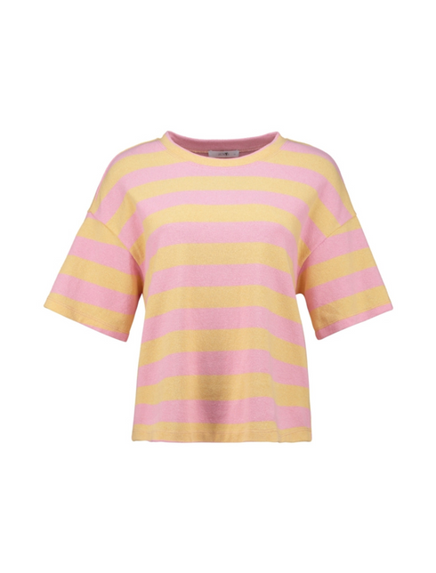 Hailys Ge44orgia Short Sleeve Top Butter Yellow Large Stripe Cotton Blend LF-30945