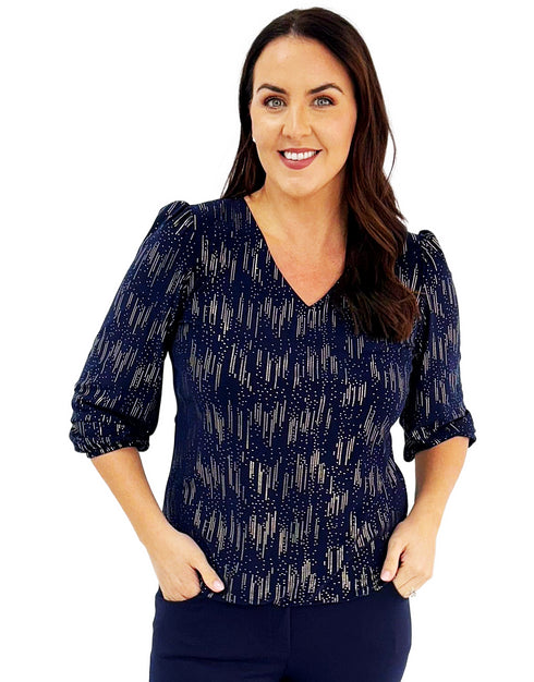 Yew Navy Shimmer V-Neck Top 4153 – 3/4 Sleeve Evening Top