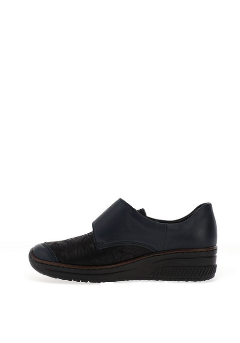 Rieker 487C0 Comfort Navy Black Leather Textile Velcro Slip On Wedge Shoes
