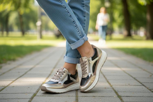 Caprice Women's Black & Gold Leather Zip & Lace Trainers – 9-23756-46