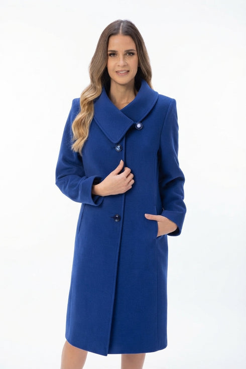 Christina Felix Longline Wool and Cashmere Coat Royal Blue Cowl Collar 582-4490-25