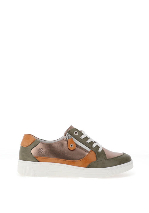 Suave Joy Leather Metallic Panelled Trainers in Olive
