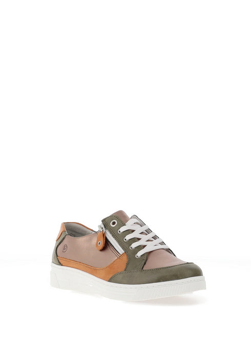 Suave Joy Leather Metallic Panelled Trainers in Olive
