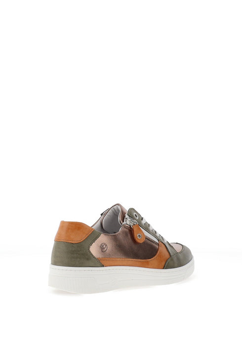 Suave Joy Leather Metallic Panelled Trainers in Olive