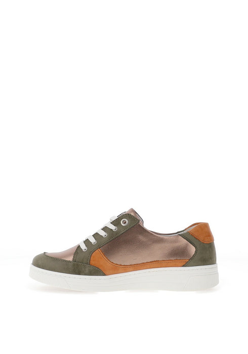 Suave Joy Leather Metallic Panelled Trainers in Olive
