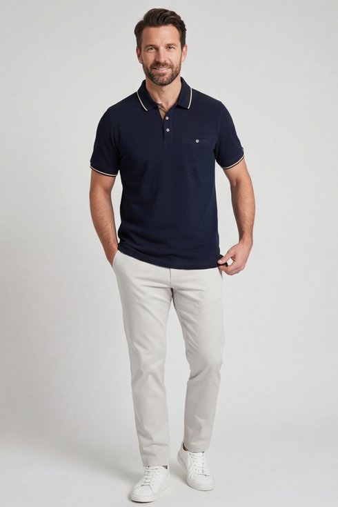 Bailys Menswear Men's Navy Two-Tone Oxford Piqué Modern Fit Polo Shirt 615205 60
