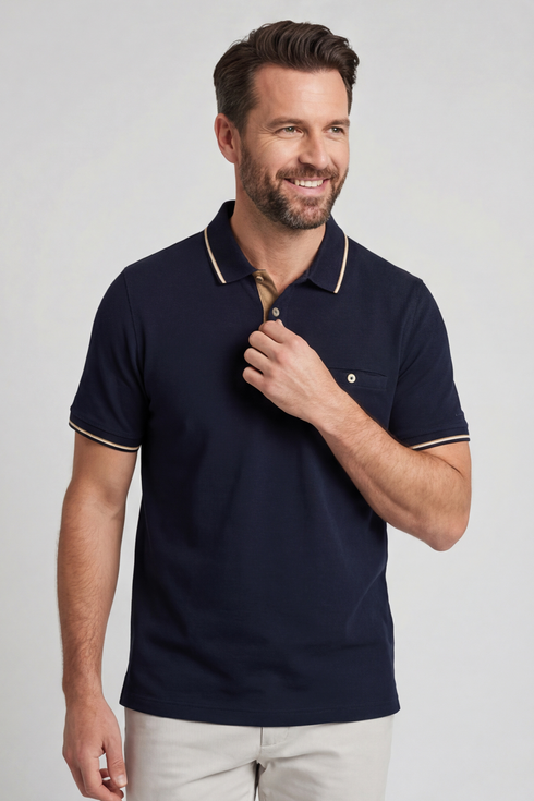 Bailys Menswear Men's Navy Two-Tone Oxford Piqué Modern Fit Polo Shirt 615205 60