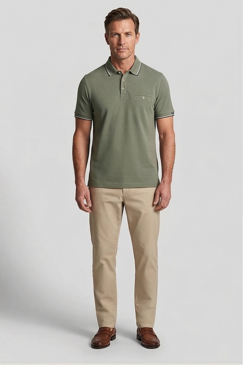 Bailys Menswear Men's Thyme Green Two-Tone Oxford Piqué Modern Fit Polo Shirt 615205 73