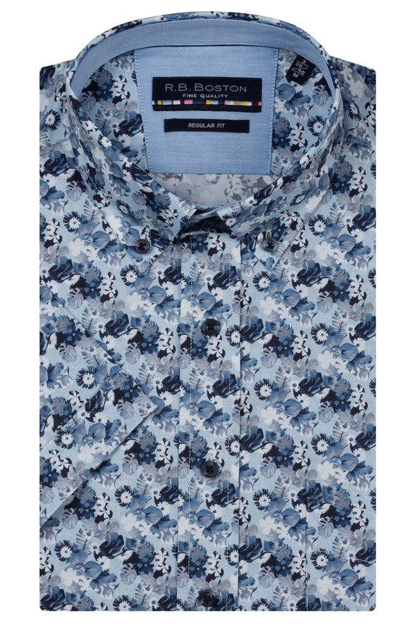 R.B. Boston Marshall Short Sleeve Button Down Blue Wild Flowers Print 616670-632