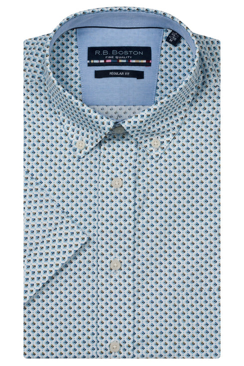 R.B. Boston Marshall Short Sleeve Button Down Blue Small Diamond Print 616670-640