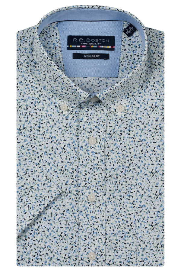 R.B. Boston Marshall Short Sleeve Button Down Green Mini Leaves Print 616670-704