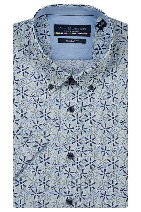 R.B. Boston Marshall Short Sleeve Button Down Green Blue Graphic Flowers 616670-708