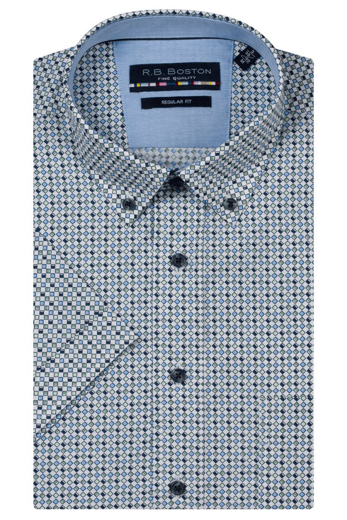 R.B. Boston Marshall Short Sleeve Button Down Green Blue Mini Squares Print 616670-714