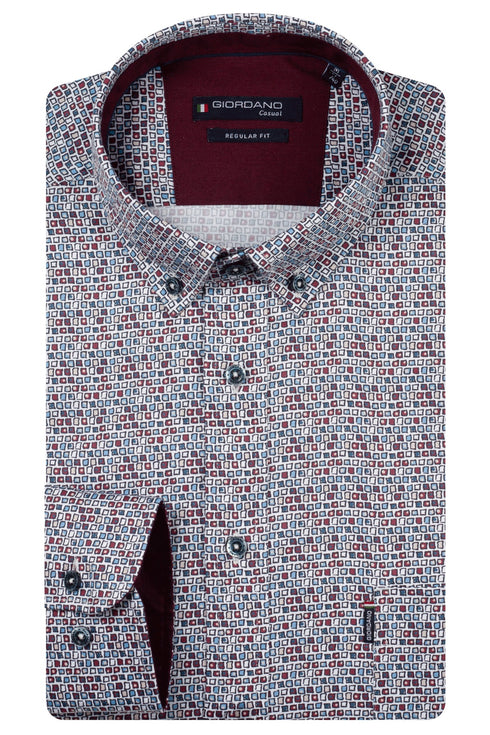 Giordano Dino Satin Stretch Graphic Print Long Sleeve Shirt 627025 40 - Dark Red
