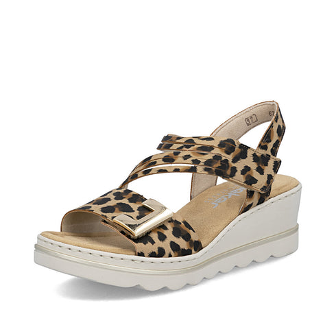 Rieker Women's Leopard & Beige 67410-90 Antistress Wedge Sandals with Velcro Straps