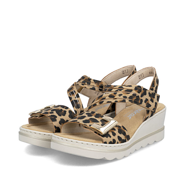 Rieker Women's Leopard & Beige 67410-90 Antistress Wedge Sandals with Velcro Straps