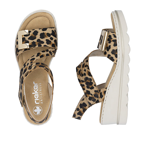 Rieker Women's Leopard & Beige 67410-90 Antistress Wedge Sandals with Velcro Straps
