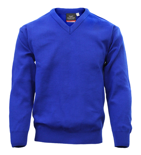 Hunter Schoolwear 674 V Neck School Jumper Royal Blue No Crest/Logo Plain Unisex Acrylic Knitwear