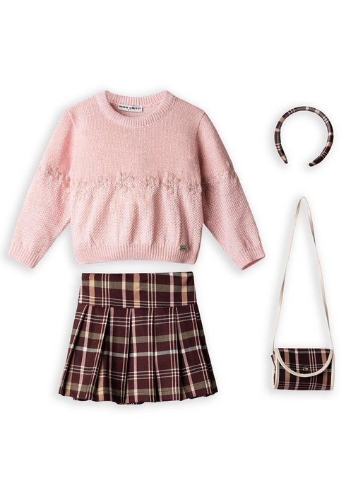 Ebita Girls Pink Knit Jumper and Plaid Pleated Skirt Set with Matching Headband and Handbag 267255