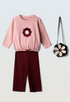 Ebita Girls 2-Piece Pink and Burgundy Flower Pants Set with Handbag 267273
