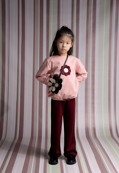 Ebita Girls 2-Piece Pink and Burgundy Flower Pants Set with Handbag 267273