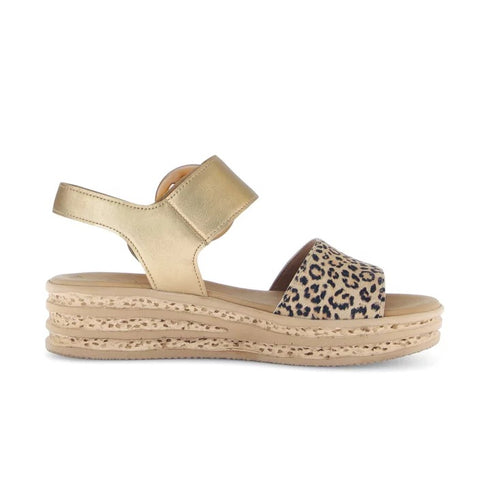 Gabor Women's Satin Leopard & Gold 84.550.32 Leather Wedge Sandals – F-Width