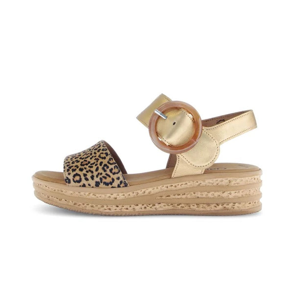 Gabor Women's Satin Leopard & Gold 84.550.32 Leather Wedge Sandals – F-Width