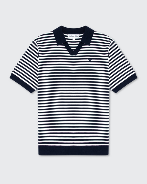 Walker & Hunt Milton Knitted Striped Polo Navy Cream 100% Cotton V-Neck