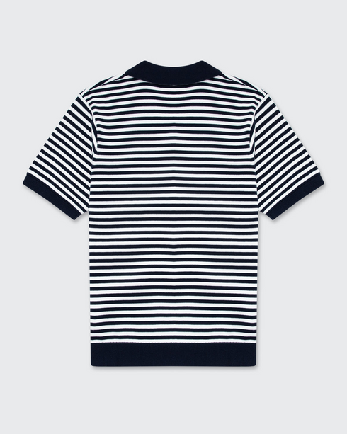 Walker & Hunt Milton Knitted Striped Polo Navy Cream 100% Cotton V-Neck