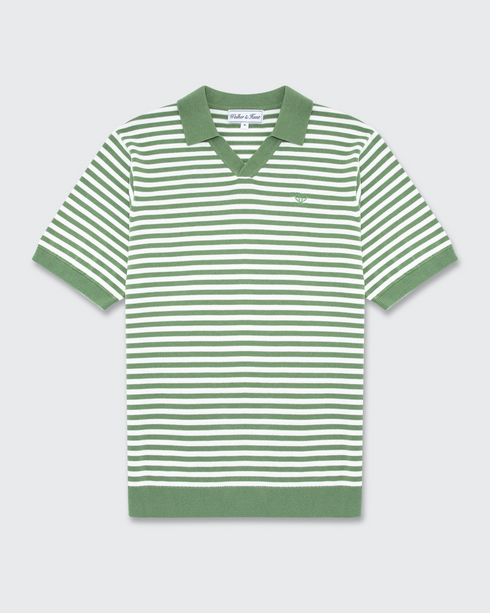 Walker & Hunt Milton Knitted Striped Polo Sage Cream 100% Cotton V-Neck