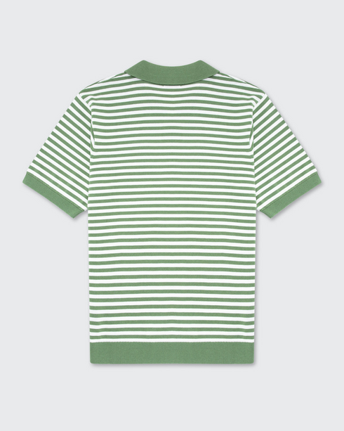 Walker & Hunt Milton Knitted Striped Polo Sage Cream 100% Cotton V-Neck