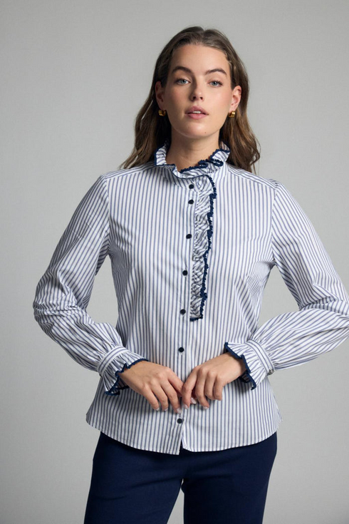 Bariloche Atina Striped Ruffle Mandarin Collar Cotton Shirt ATINA226 - Navy / White