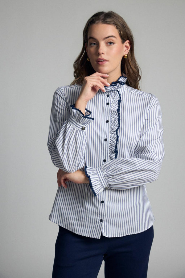 Bariloche Atina Striped Ruffle Mandarin Collar Cotton Shirt ATINA226 - Navy / White