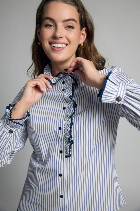 Bariloche Atina Striped Ruffle Mandarin Collar Cotton Shirt ATINA226 - Navy / White