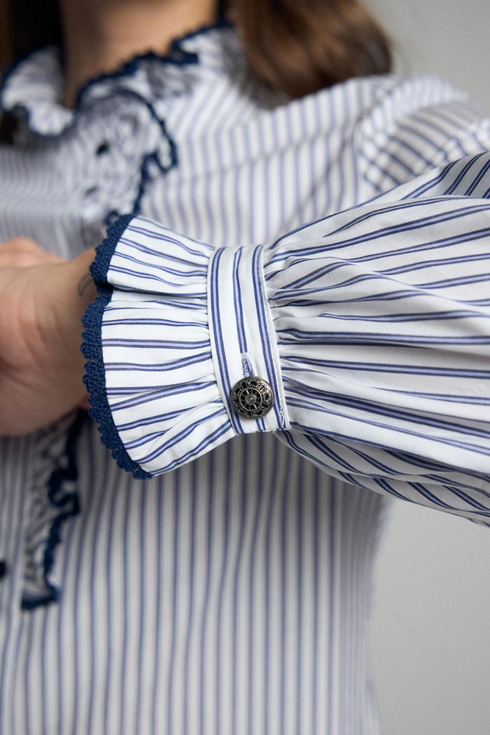 Bariloche Atina Striped Ruffle Mandarin Collar Cotton Shirt ATINA226 - Navy / White