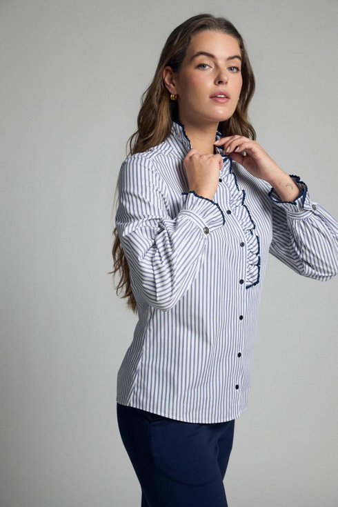 Bariloche Atina Striped Ruffle Mandarin Collar Cotton Shirt ATINA226 - Navy / White