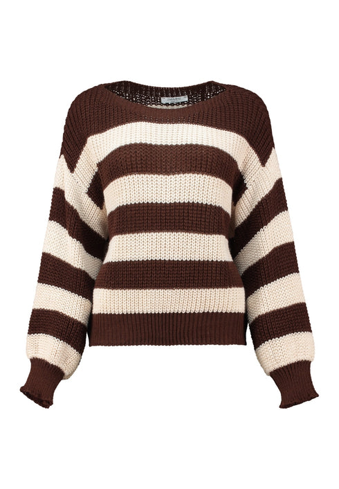 Zabaione Vi44oleta Striped Chunky Knit Pullover BK-148-152-1 - Coffee