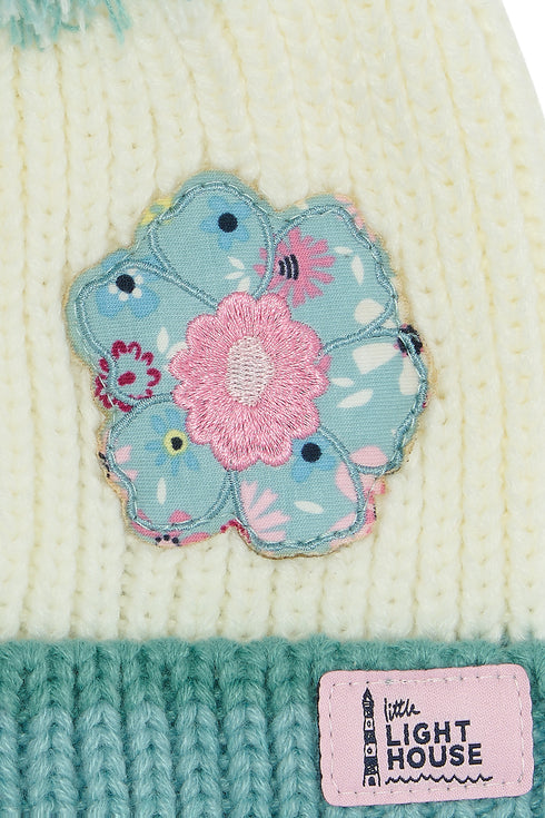 Lighthouse Kids Cable Knit Bobbie Bobble Hat - Pastel Teal Floral