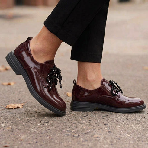Loretta Vitale Patent Leather Beaded Lace Loafer Shoe C38154 - Bordo